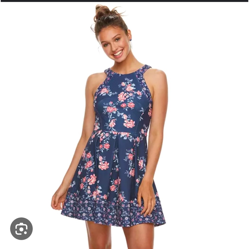 Rewind Textured Skater Dress Juniors Navy Floral